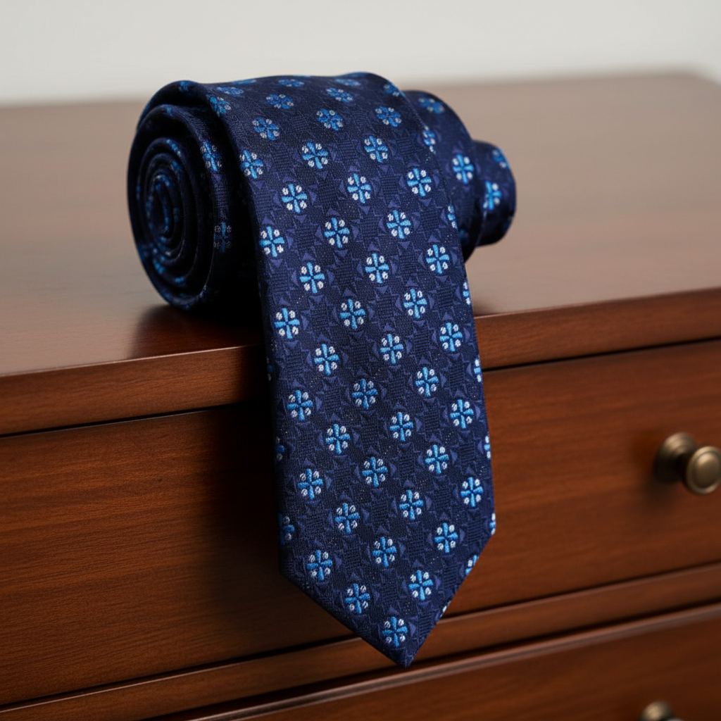 Blue patterned tie on a wooden surface