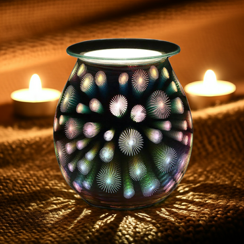 Starburst ecorative glass oil burner/ wax warmer with colorful patterns on a textured surface with candles in the background.