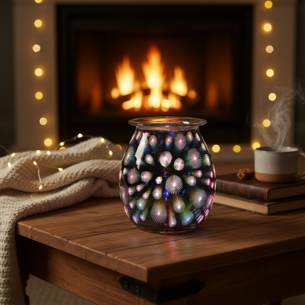 Electric decorative glass wax melter/ oil burner on a wooden table with a fireplace in the background.