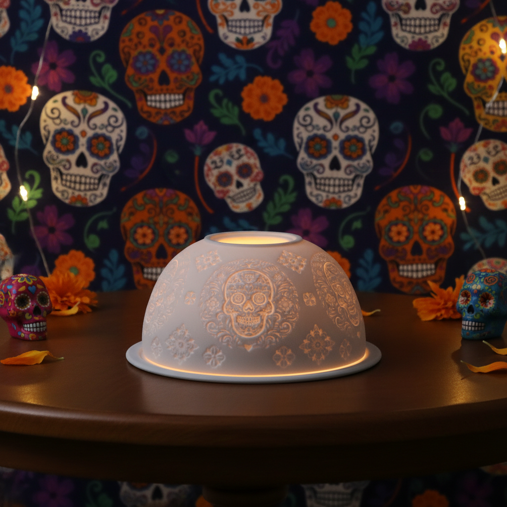 Decorative skull-shaped tea light holder on a table with a colorful skull patterned background.