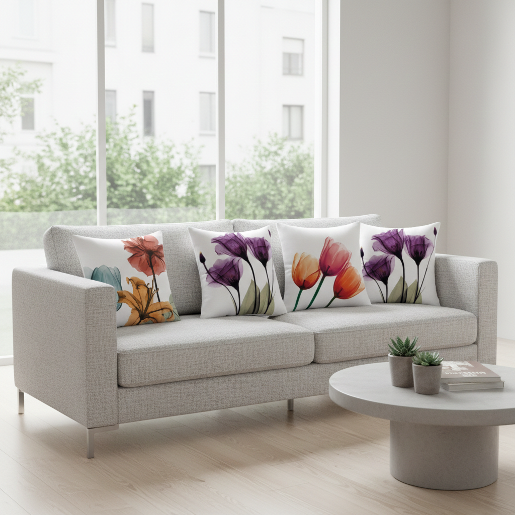 Gray sofa with floral-patterned cushions in a modern living room.