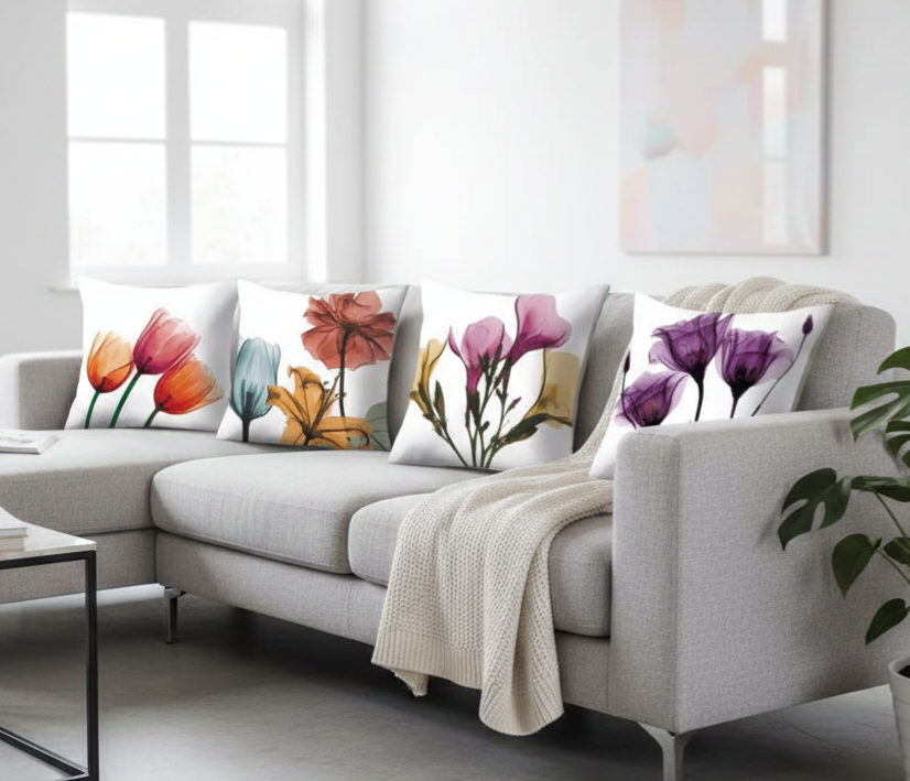 Gray sectional sofa with floral-patterned cushions in a bright living room.