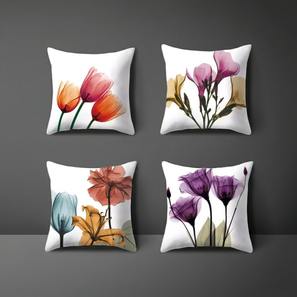 Four floral-patterned pillows on a gray background