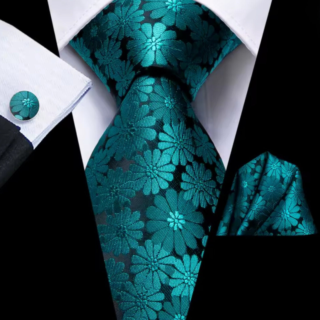 Teal Blue Floral Tie Set