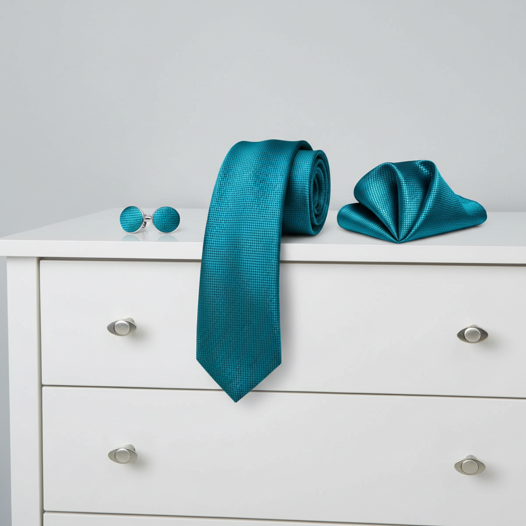 Teal blue tie set on top of white drawers
