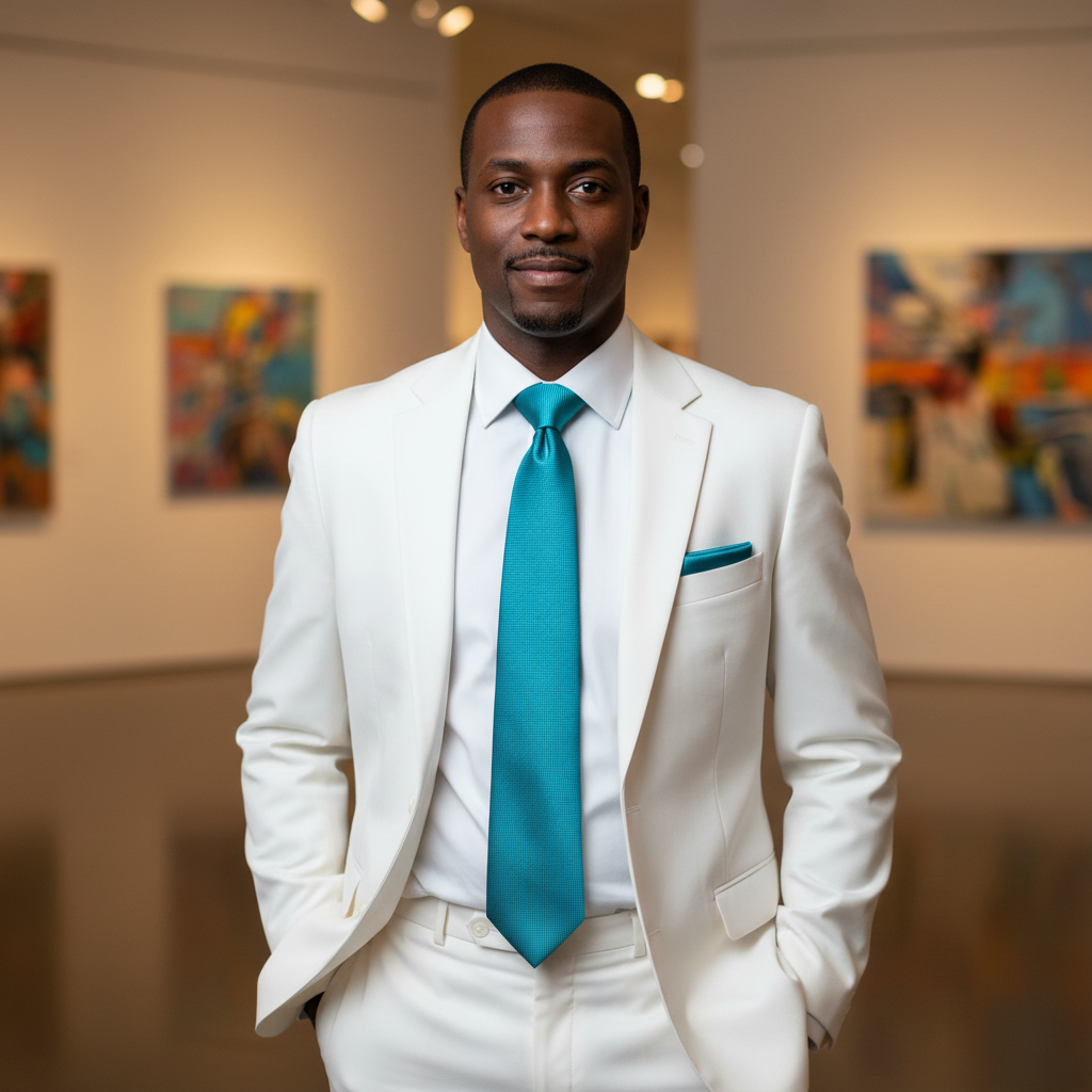 Teal blue tie set on man in white suit