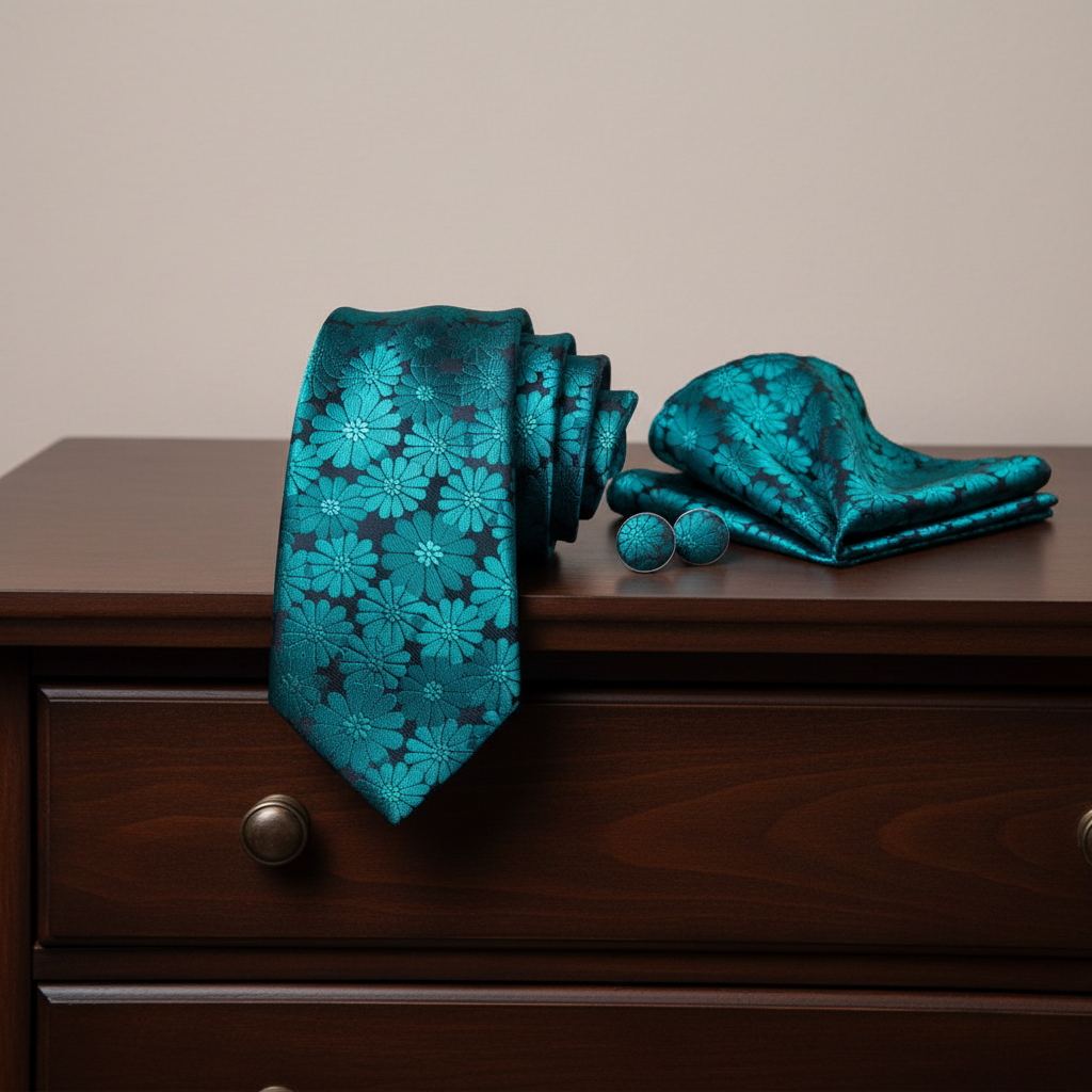 Teal floral tie set on dark wood drawers