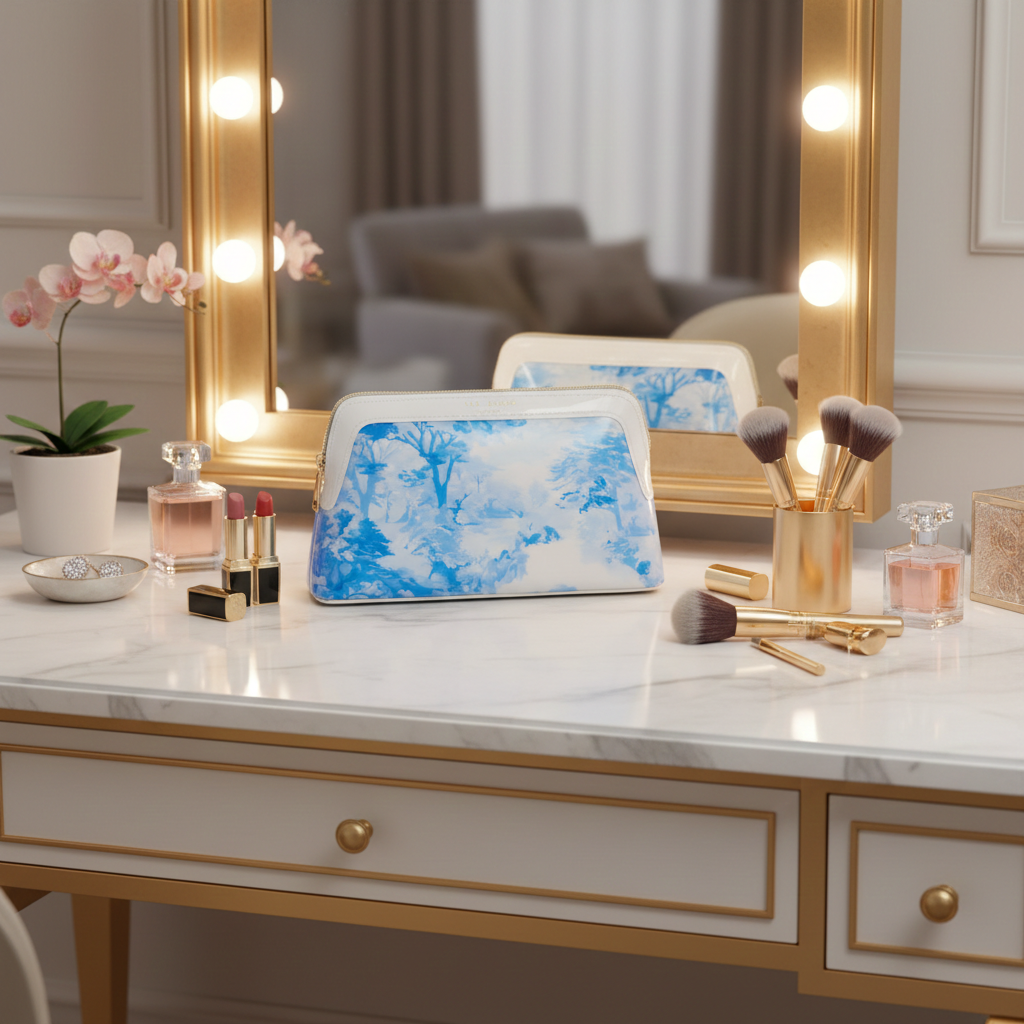 Dressing table with mirror, makeup items, and a Ted Baker blue and white makeup bag.