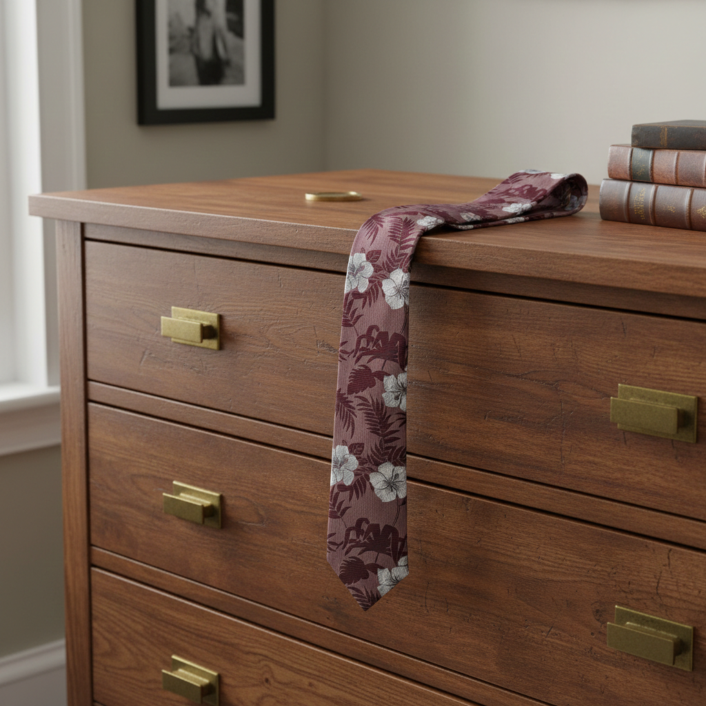 Wooden dresser with a Ted Baker floral-patterned tie draped over it, in a room setting.