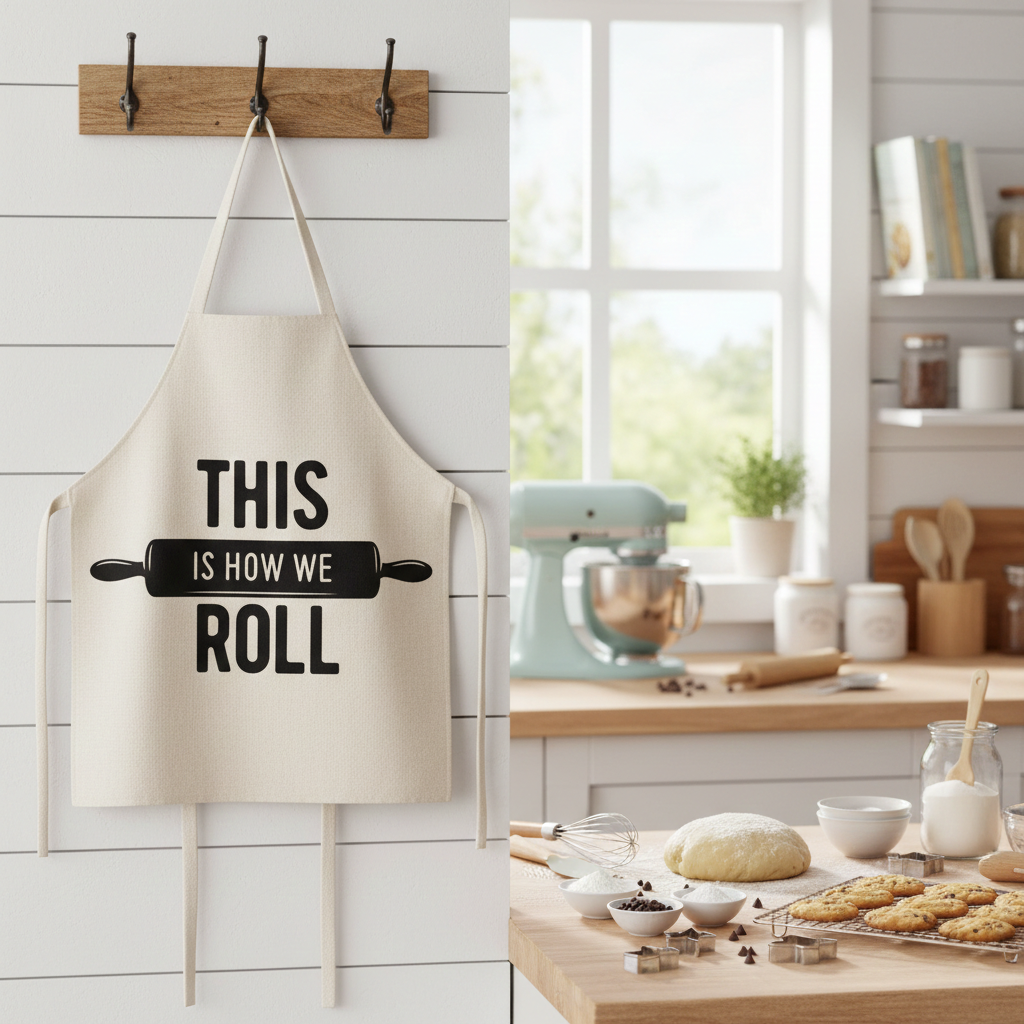Beige apron with 'This is how we roll' text in a kitchen setting