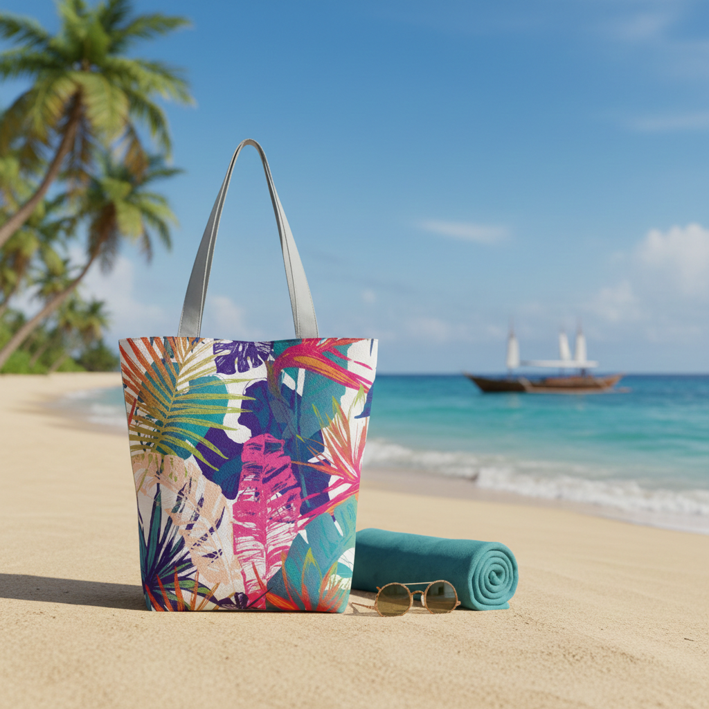 Colorful tropical patterned tote bag on a sandy beach with palm trees and ocean in the background.