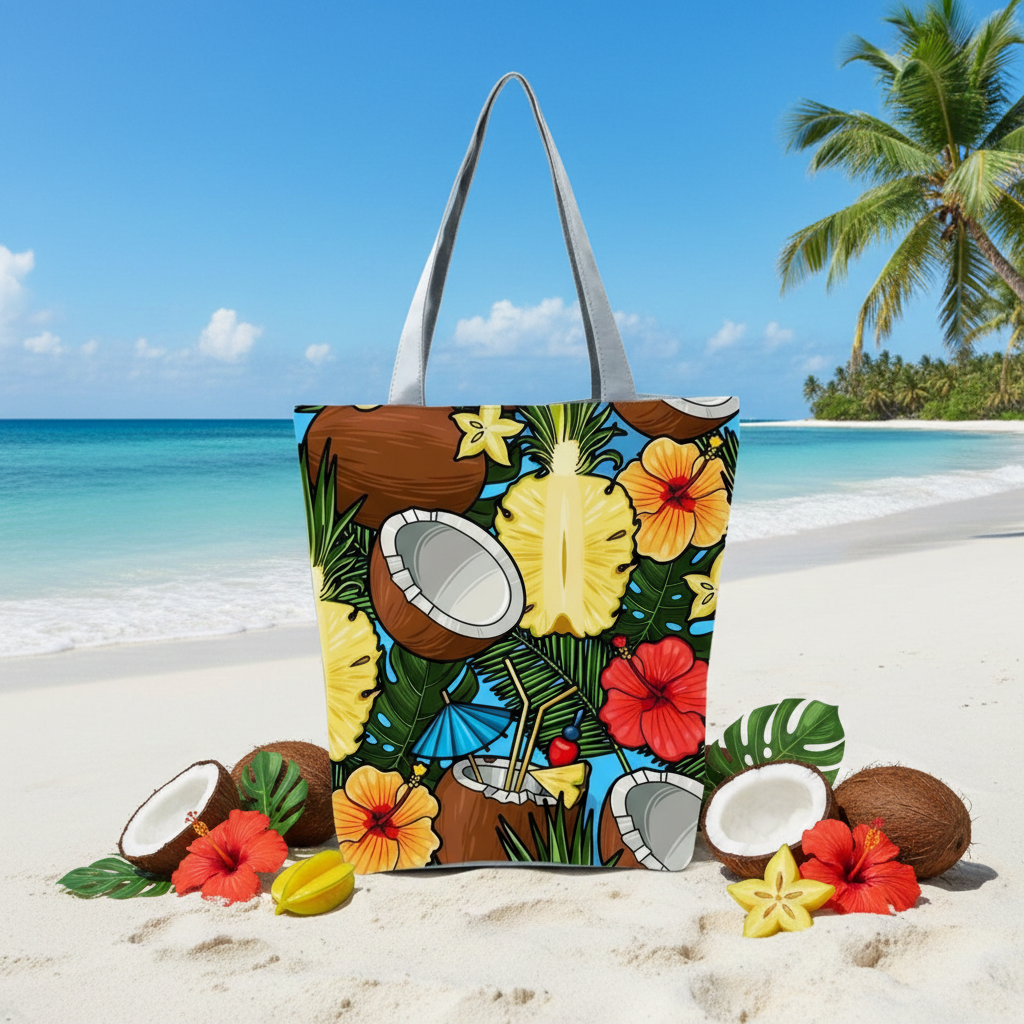 Tote bag with tropical design on a sandy beach with palm trees and blue sky.