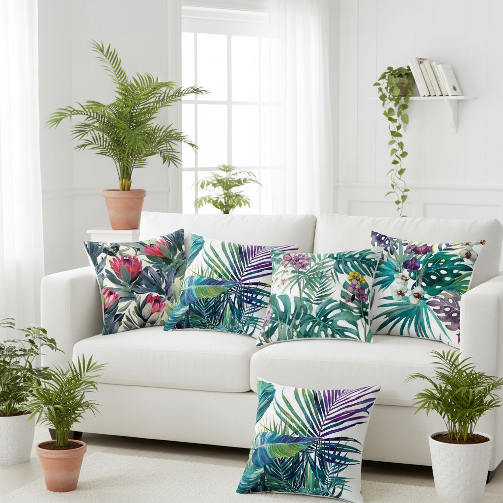White sofa with colorful tropical patterned cushions in a bright living room.