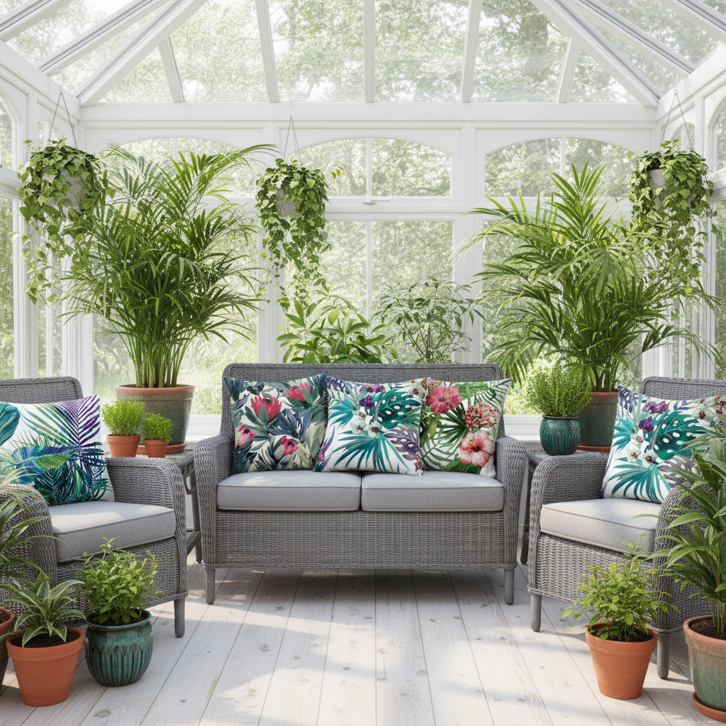 Conservatory Rattan furniture set with colorful plant themed cushions in a greenhouse setting