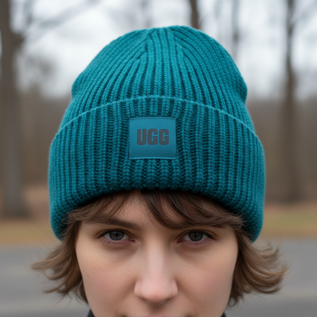 Person wearing a teal UGG beanie with a blurred outdoor background