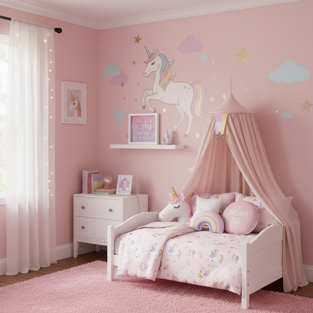 Children's bedroom with pink walls, unicorn decor, and a canopy bed.