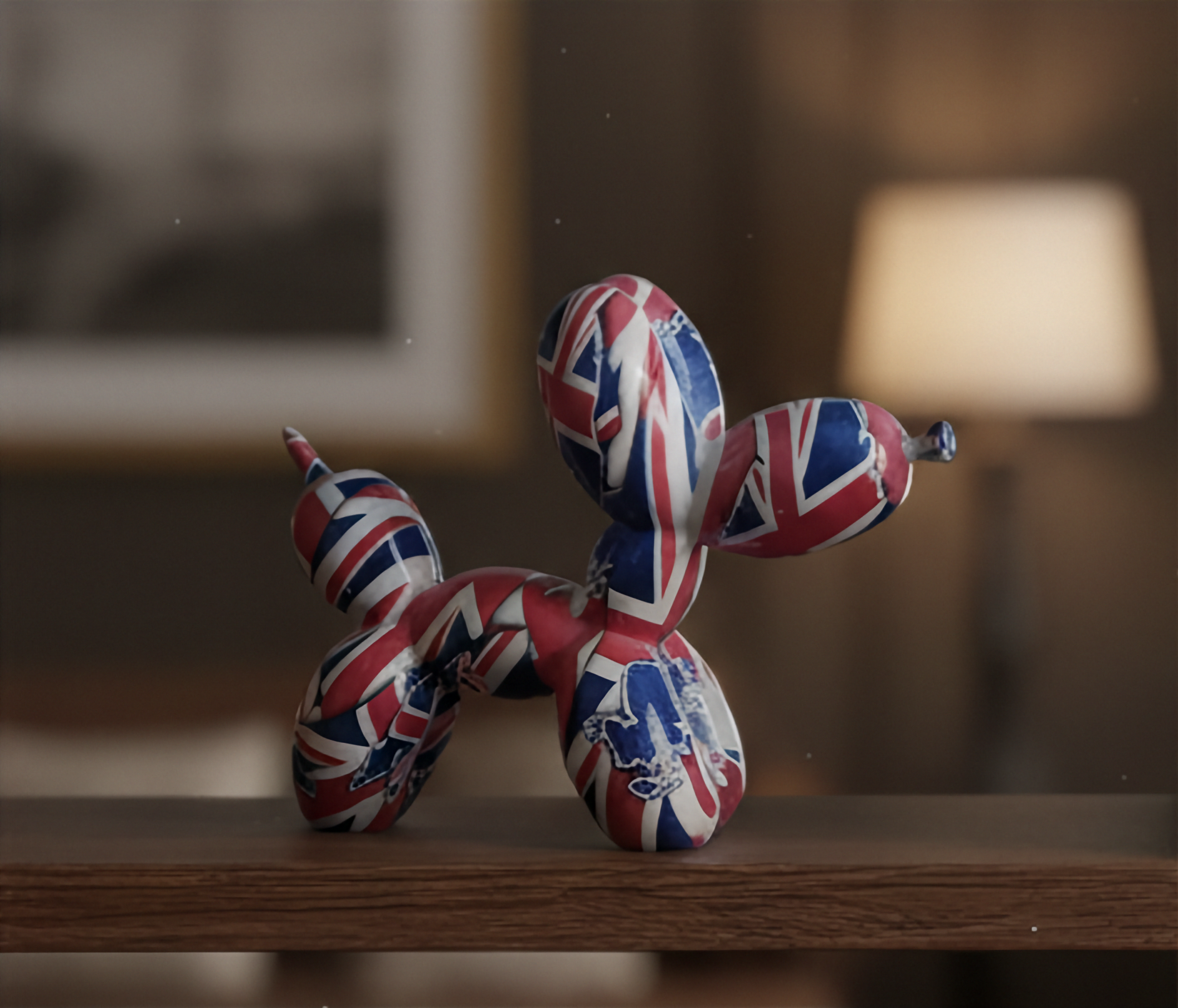 Balloon dog figure made of interwoven British flags on a wooden surface with a blurred background