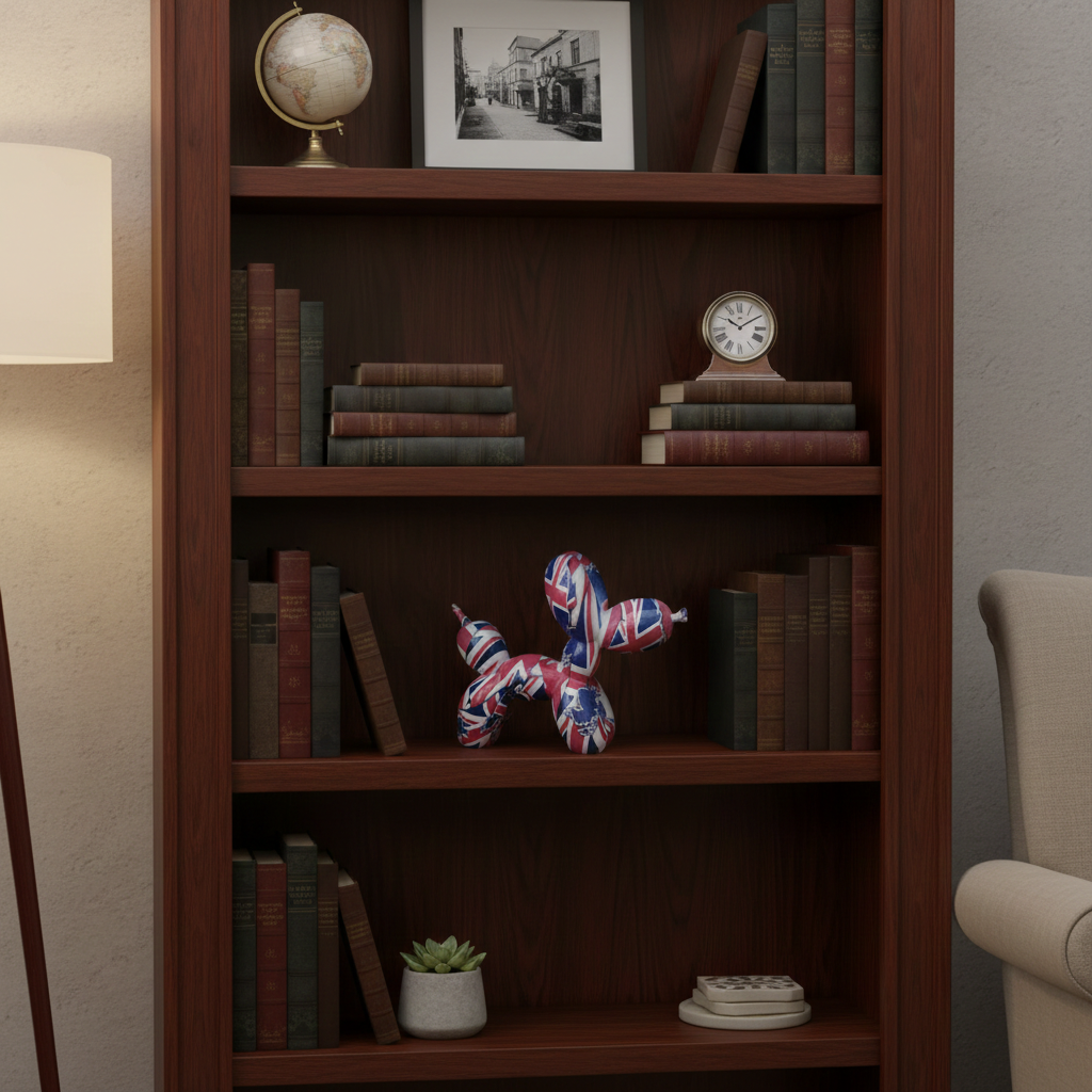 Wooden bookshelf with books, a clock, and a decorative balloon dog figure with Union Jack pattern.