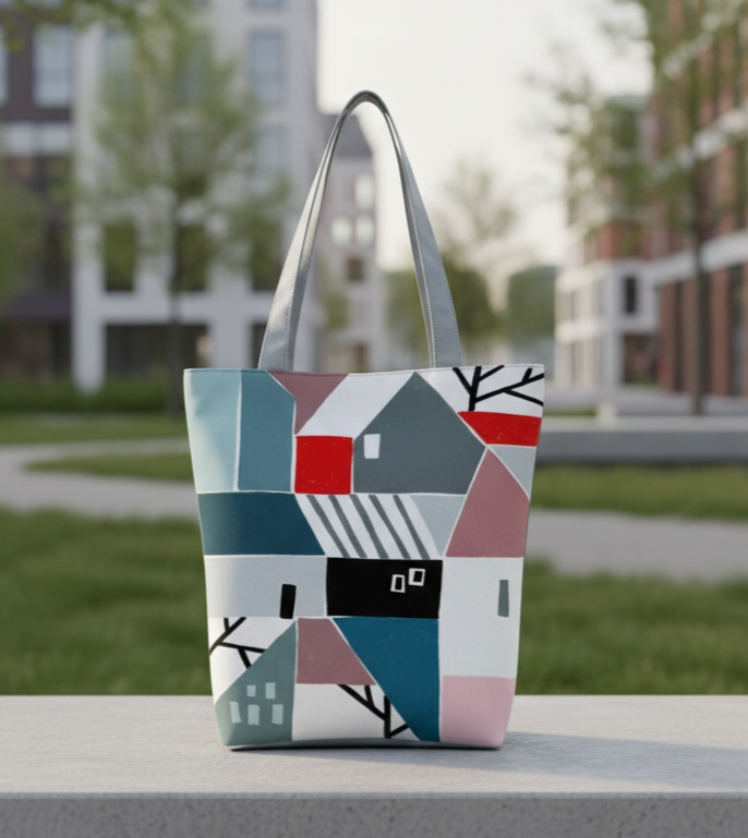Tote bag with geometric house pattern on a surface outdoors