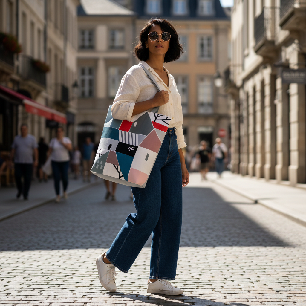 Woman walking down a street holding a colorful bag