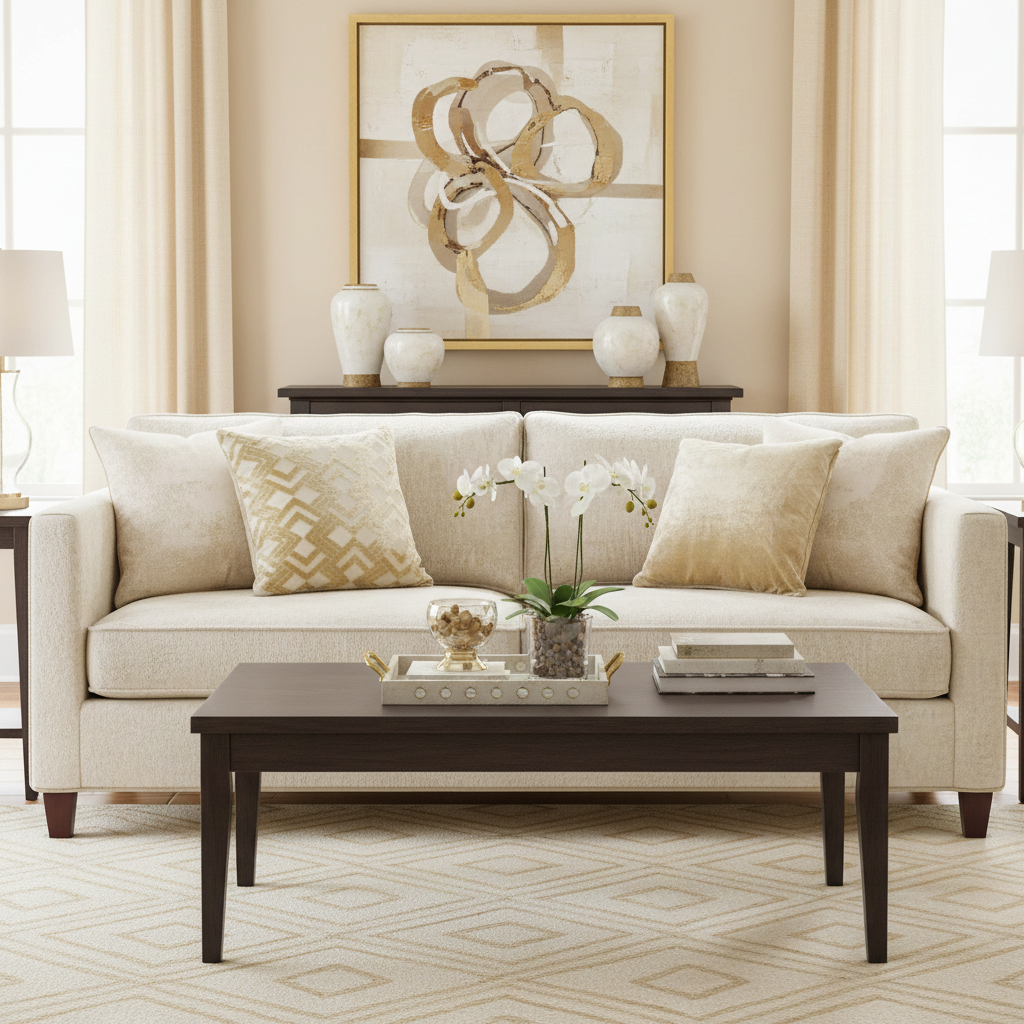 Living room with beige sofa, coffee table, and decorative cream/ beige cushions.