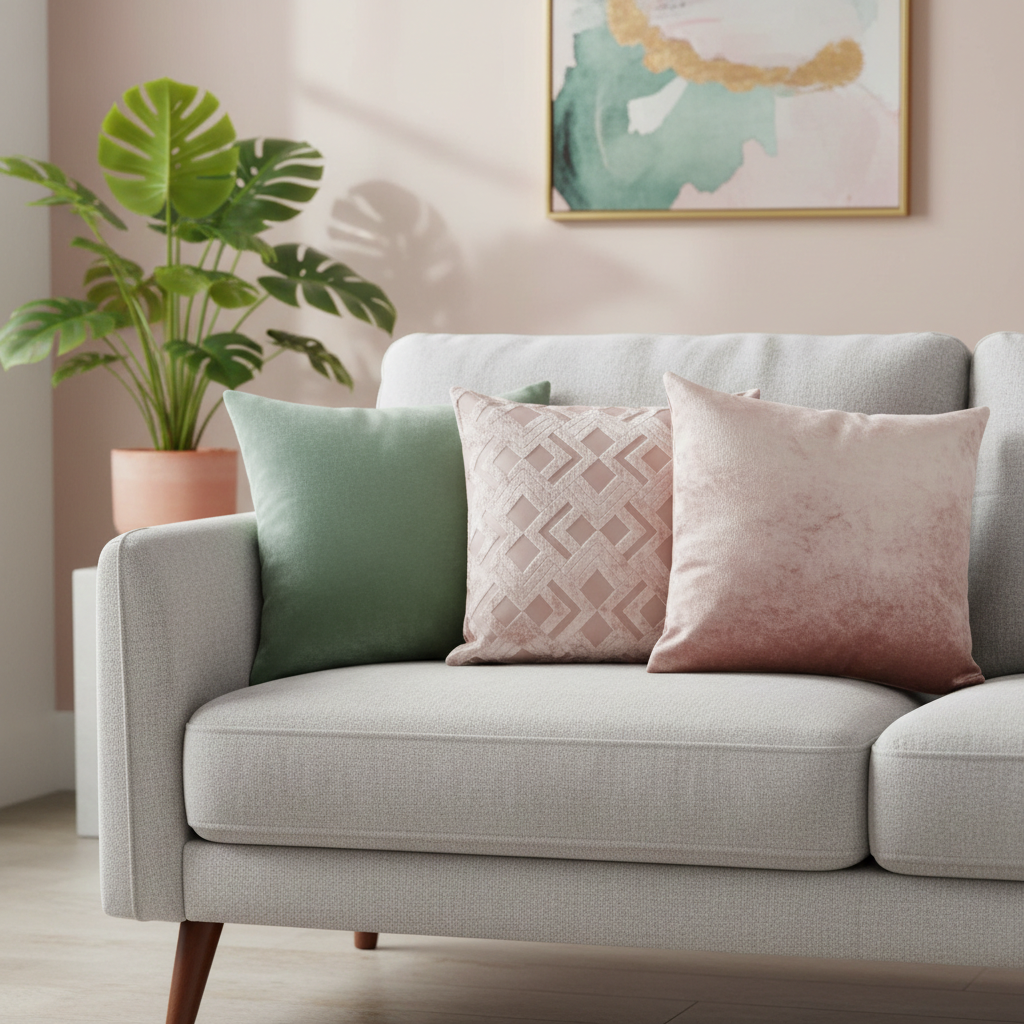 Gray sofa with colorful pink cushions in a living room setting