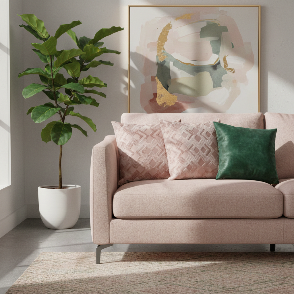 Beige sofa with decorative pink cushions in a living room setting with a plant and abstract art.
