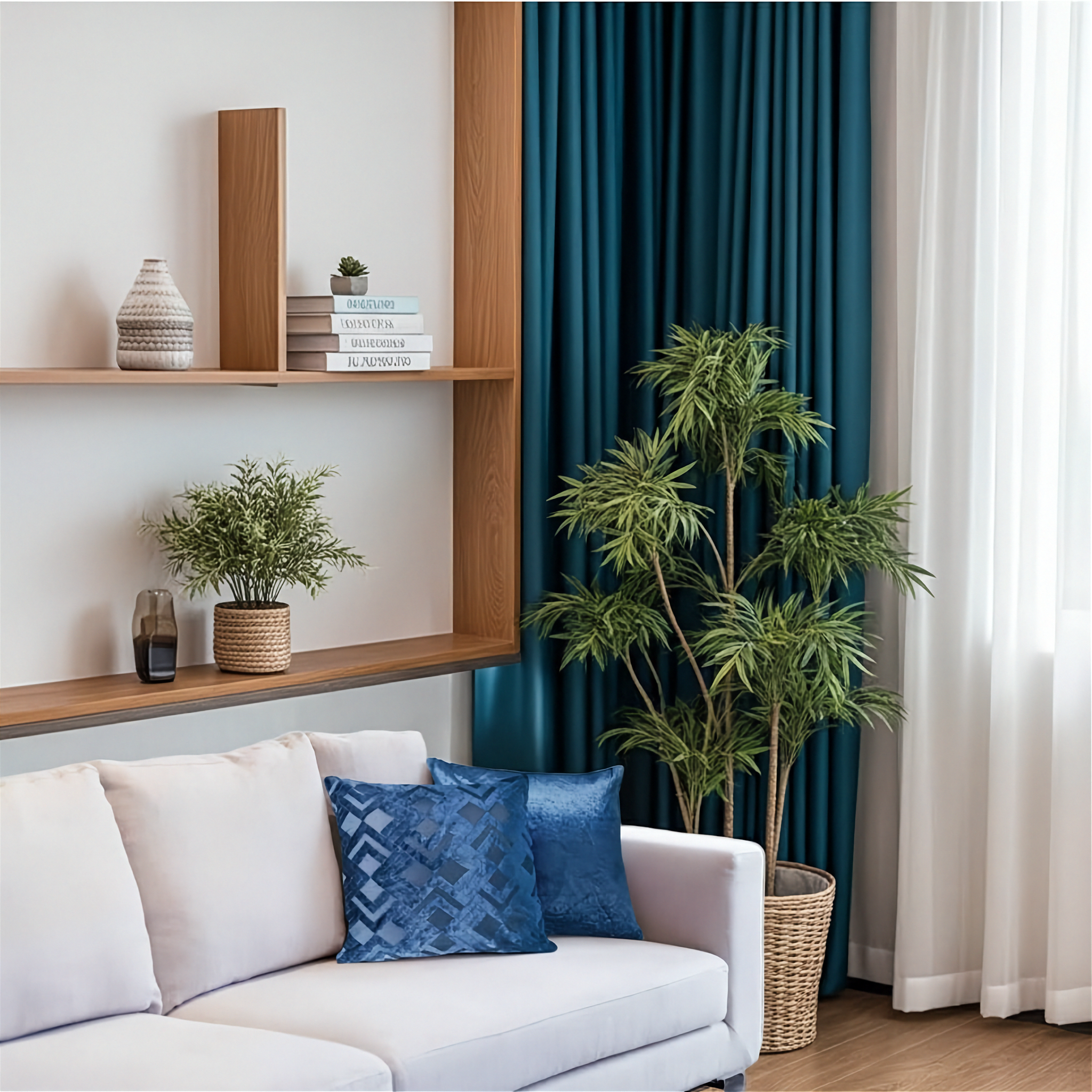 Living room with a white sofa, blue cushion covers, wooden shelves, and plants.