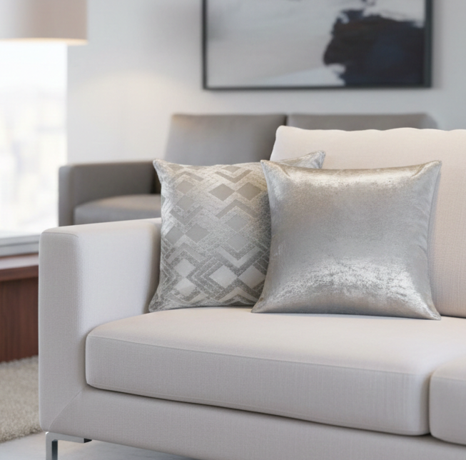 Gray sofa with decorative grey cushions in a living room setting