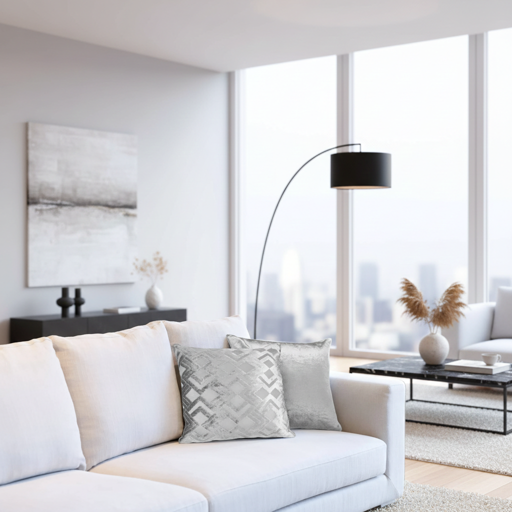 Modern living room with white sofa, decorative grey cushions, and large windows.