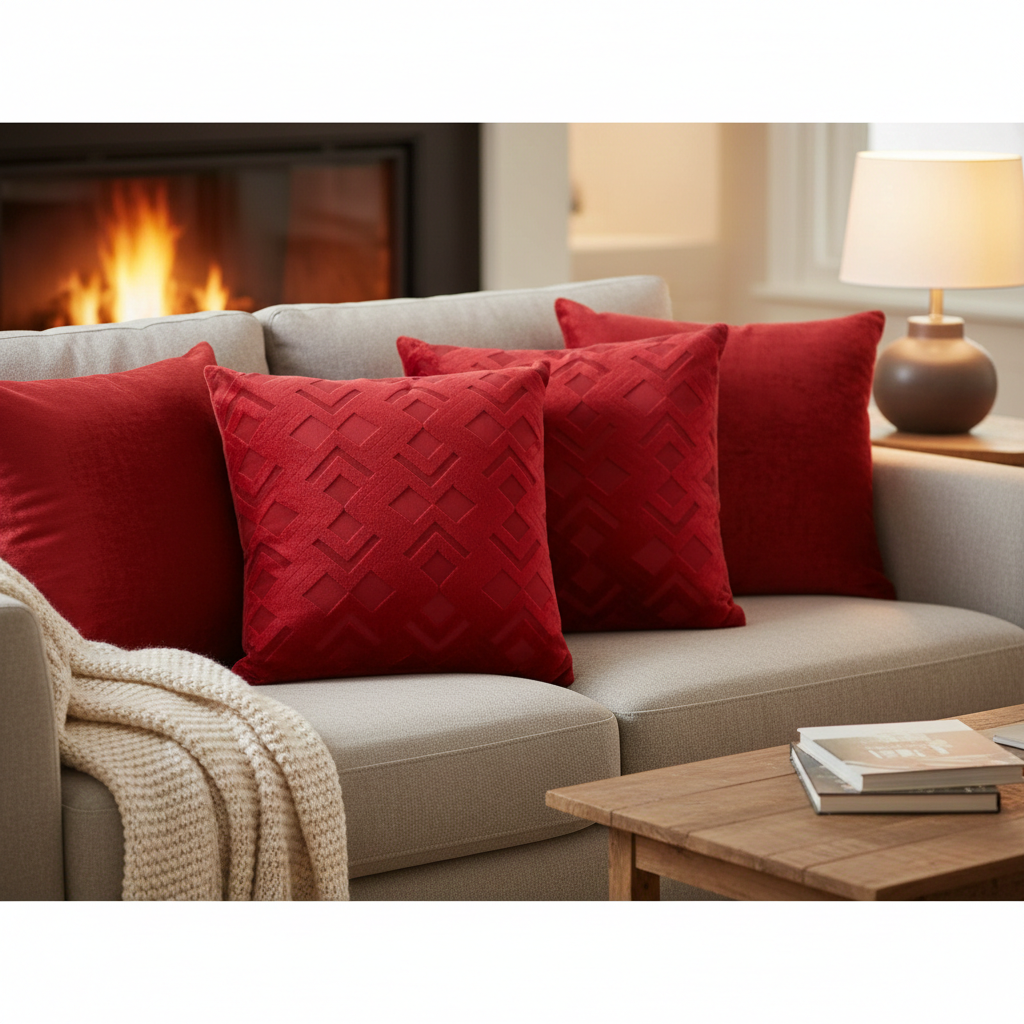 Gray sofa with red cushions in a cosy living room setting.