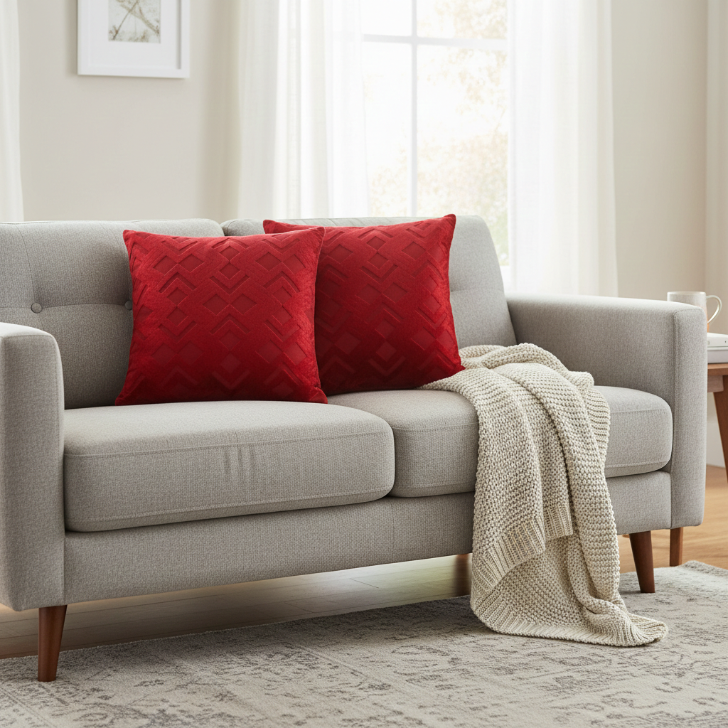 Gray sofa with red cushions and a beige blanket in a living room setting.