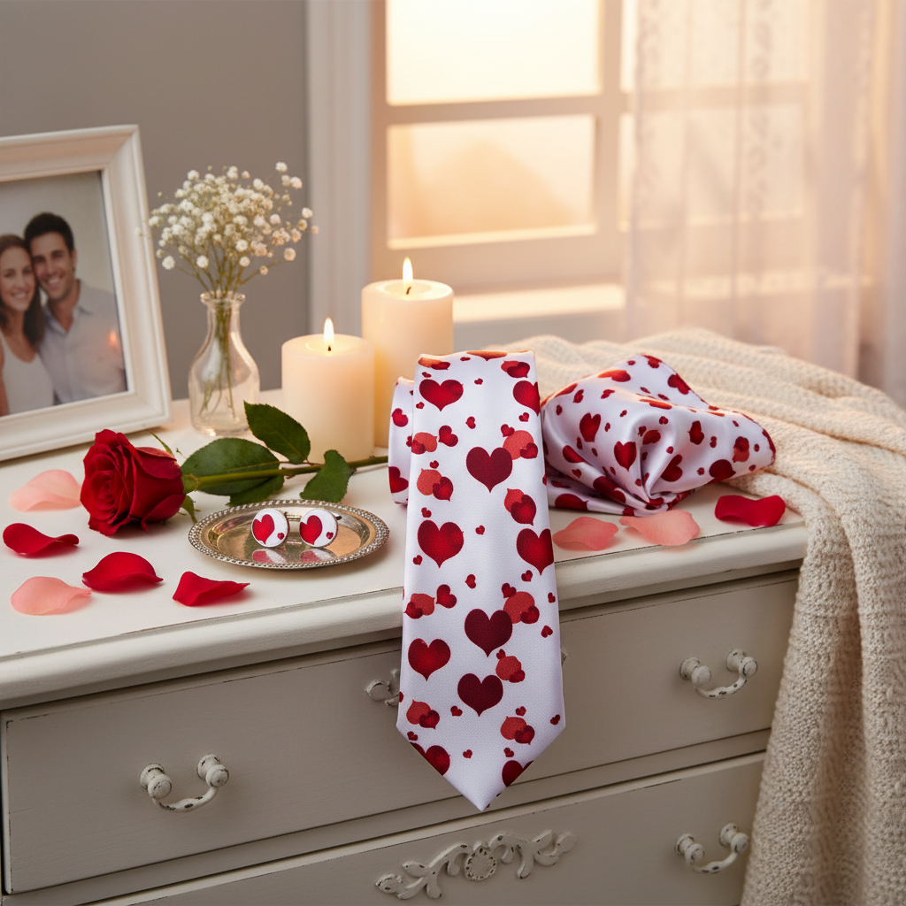 Heart-patterned tie on a dresser with candles, flowers, and a photo frame in the background