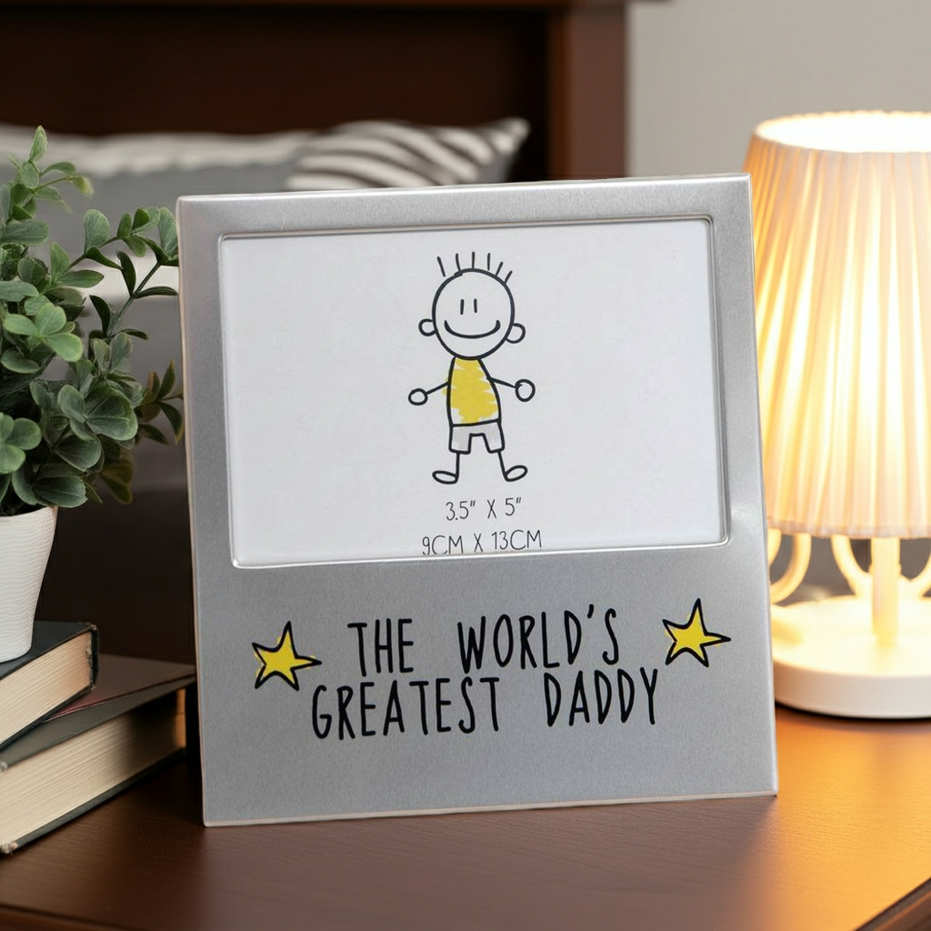 Decorative photo frame with a stick figure drawing and 'The World's Greatest Daddy' text on a table.