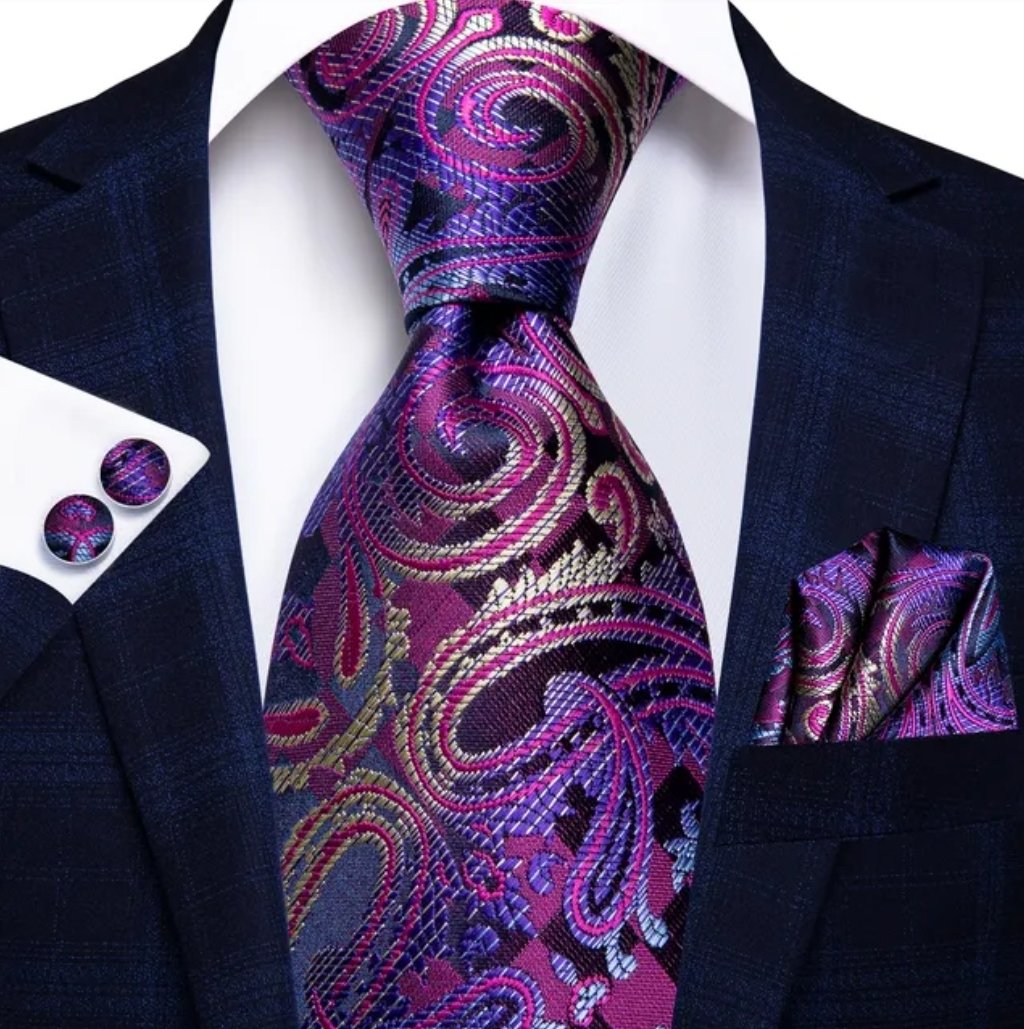 Paisley Purple Tie, Handkerchief and Cufflink Set