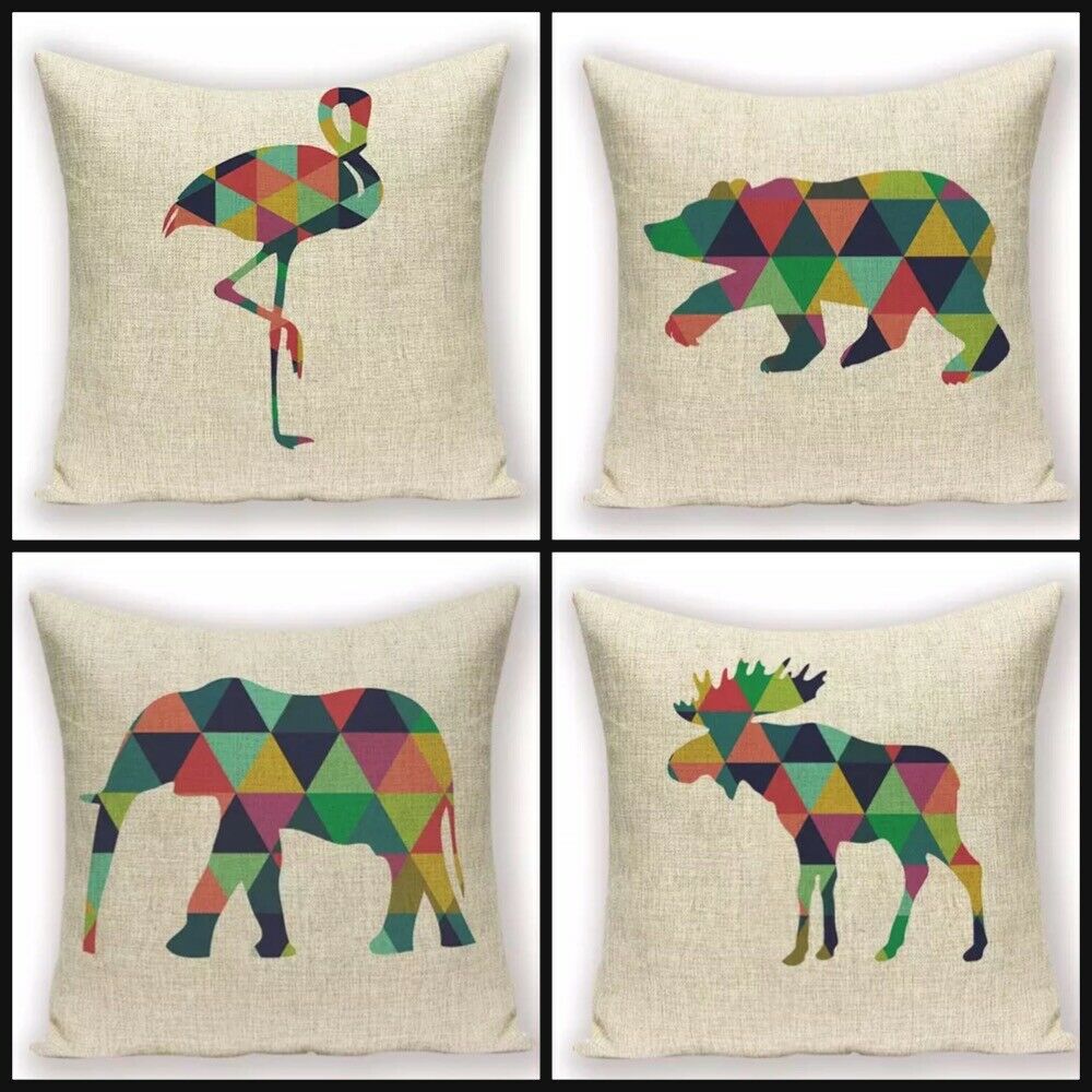 Colourful Animal Cushion Covers - Elephant Flamingo Moose Bear – 18″ x 18″/ 45cm (Set of 4)