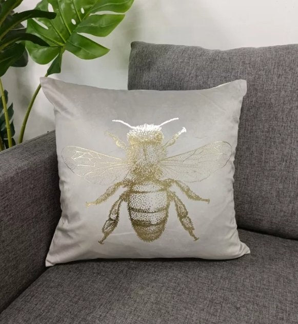 Velvet Bee Cushion in Dove Grey 