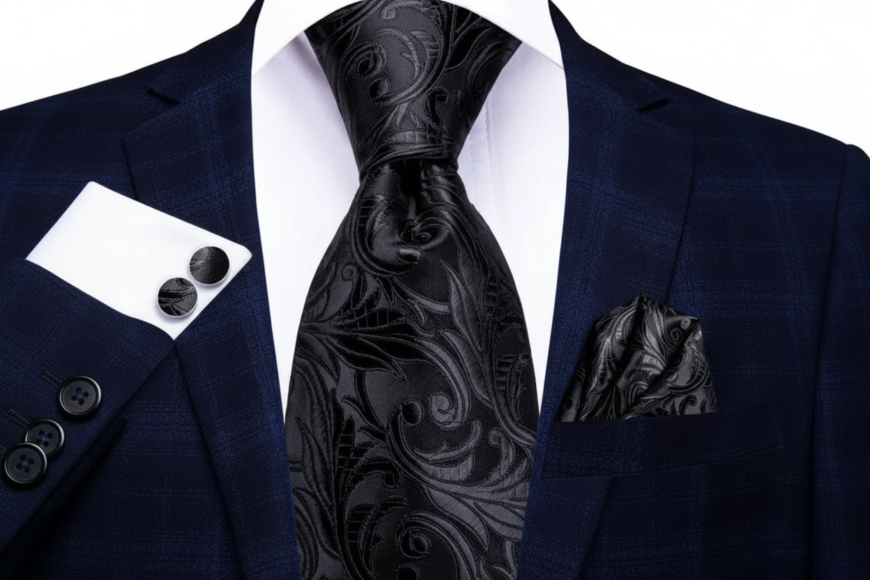 Black Floral Tie, Handkerchief and Cufflink Set