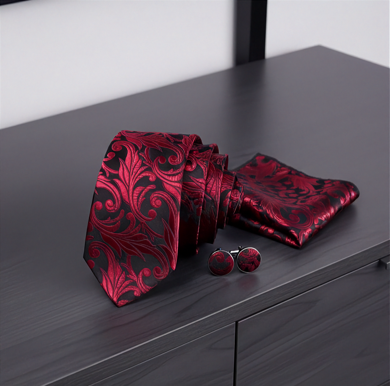 black tie set with deep red floral design on a chest of black drawers