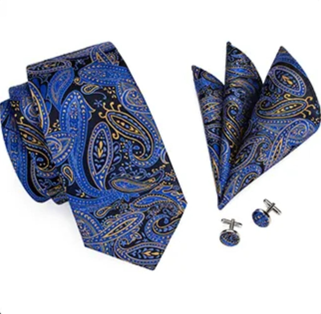 Blue and Gold Paisley Tie, Handkerchief and Cufflink Set