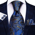 Blue and Gold Paisley Tie, Handkerchief and Cufflink Set