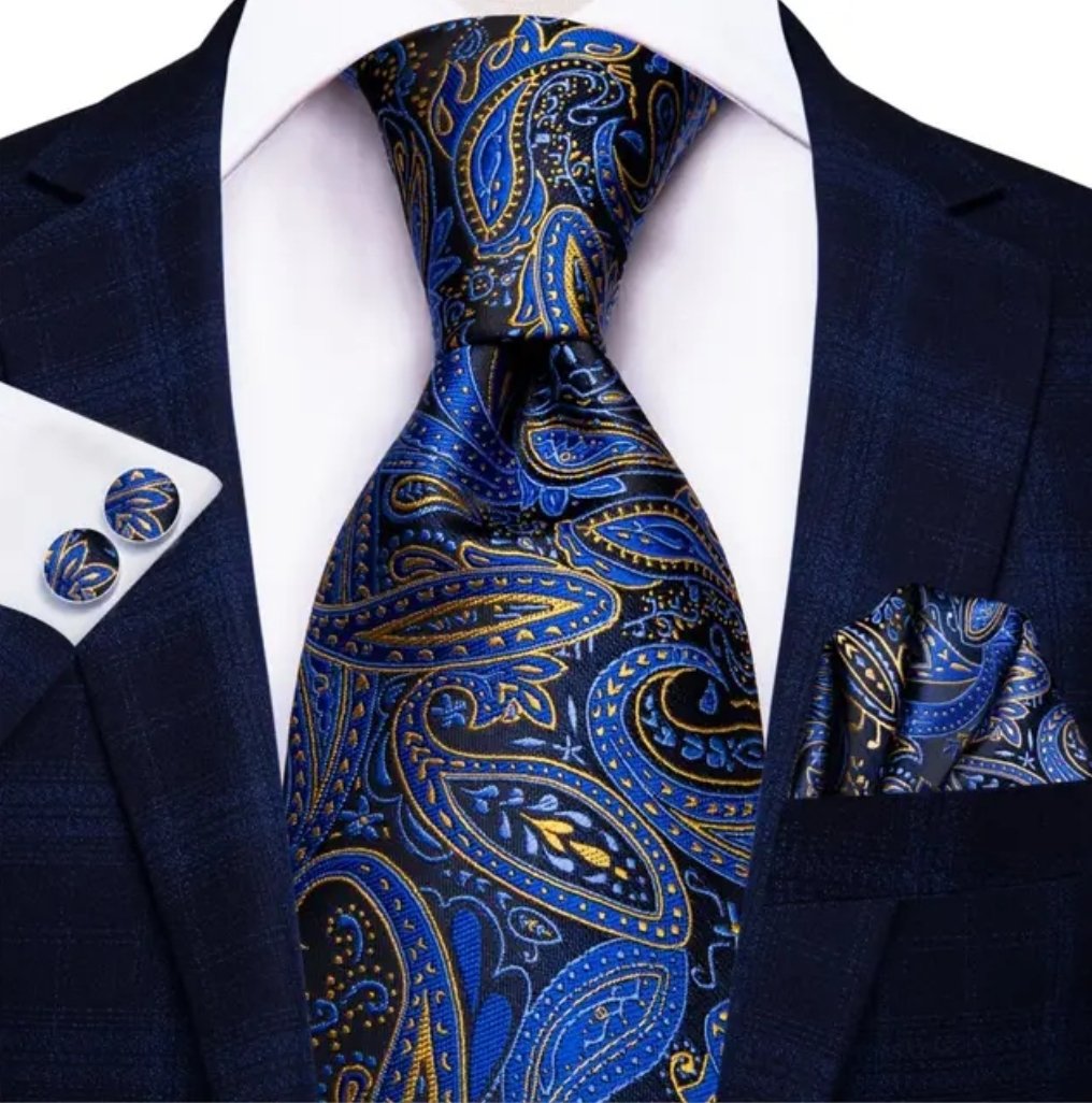 Blue and Gold Paisley Tie, Handkerchief and Cufflink Set
