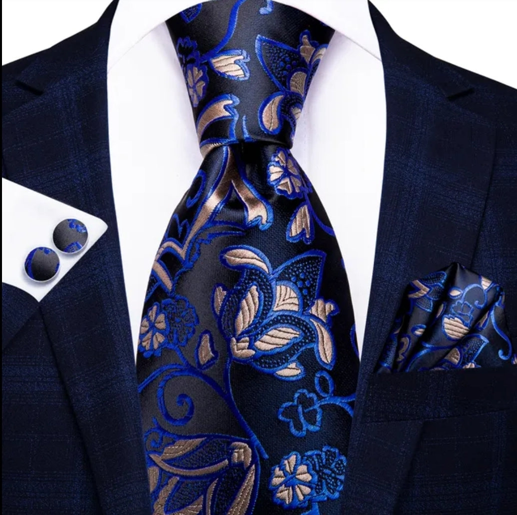 Blue Floral Tie, Handkerchief and Cufflink Set