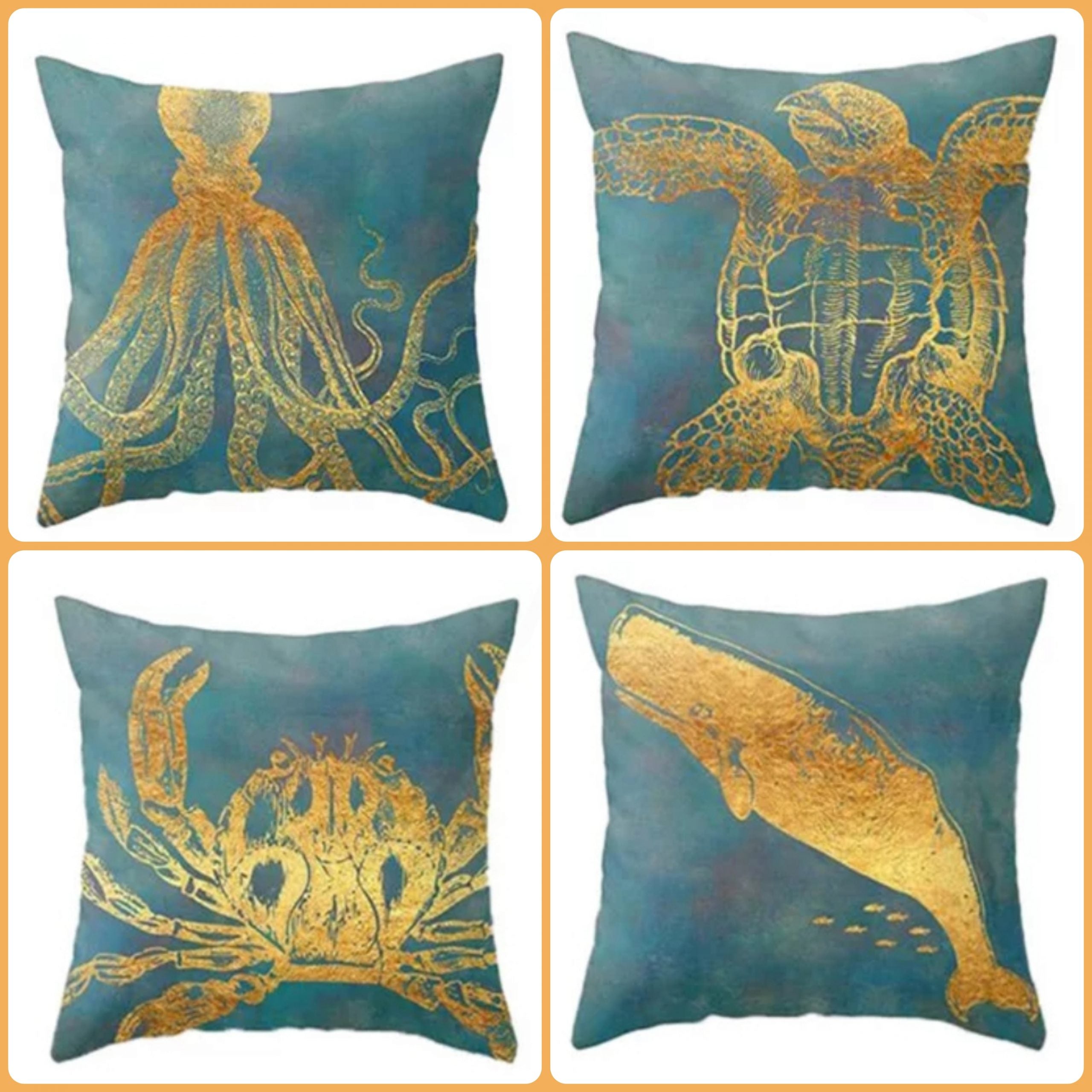Blue and Gold Sea Animal Cushion Covers (Set of 4)