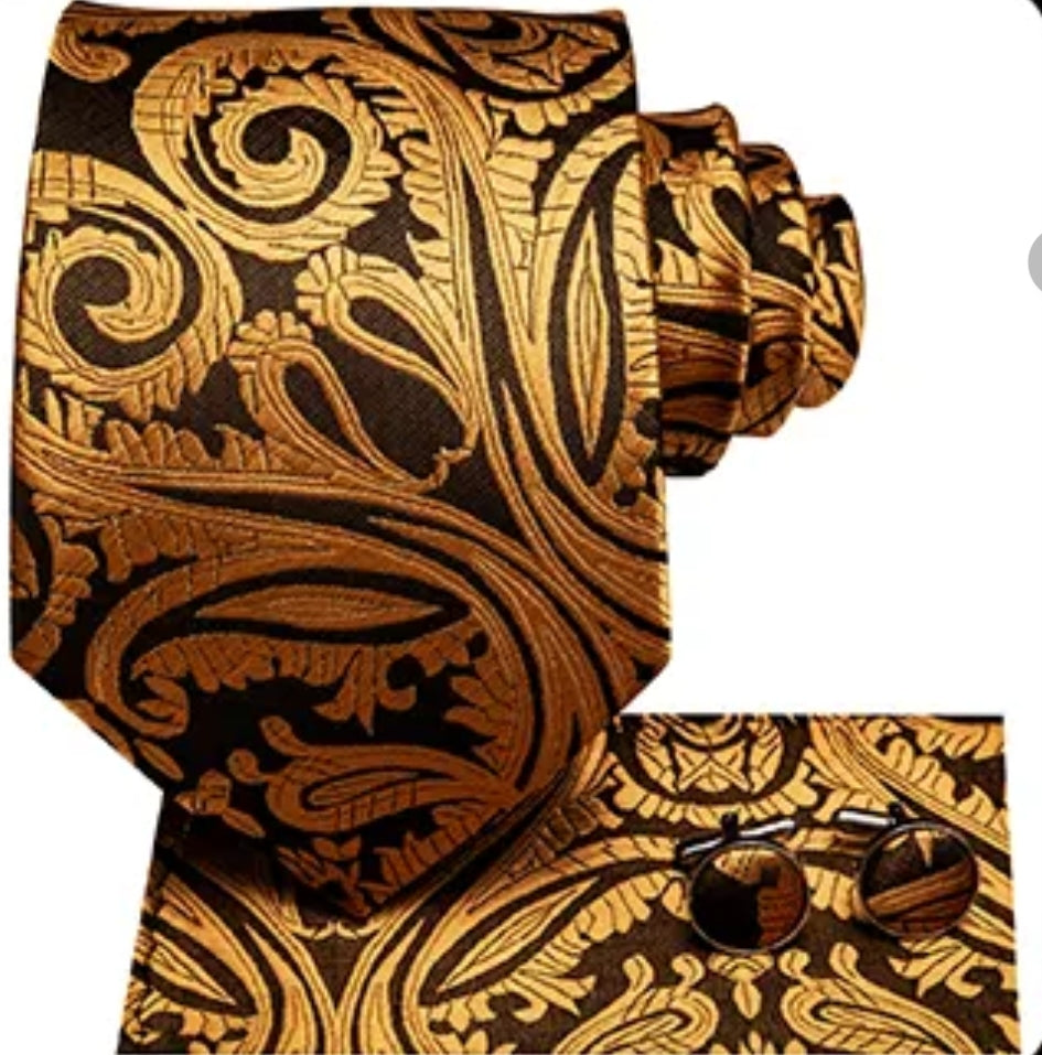 Brown and Orange Tie, Handkerchief and Cufflink Set 