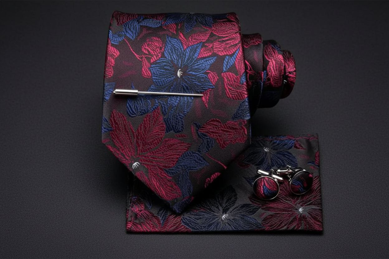 Navy and Red Floral Tie, Handkerchief and Cufflink Set