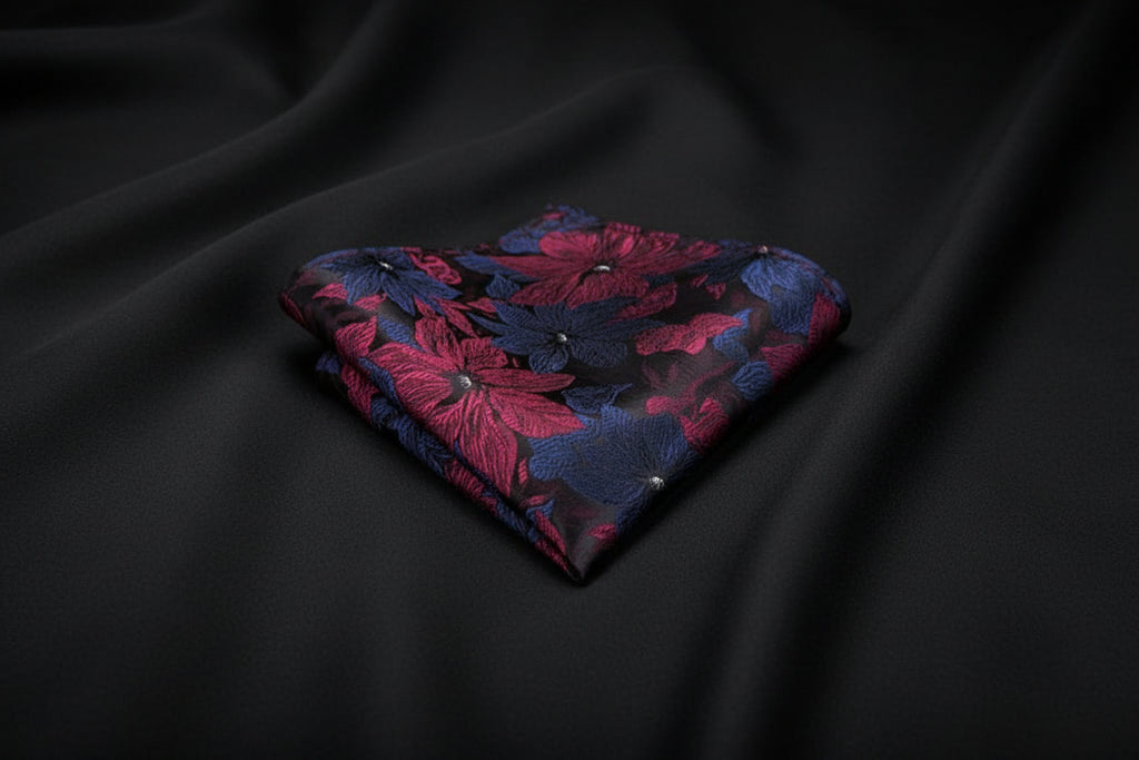 Navy and Red Floral Tie, Handkerchief and Cufflink Set image 2