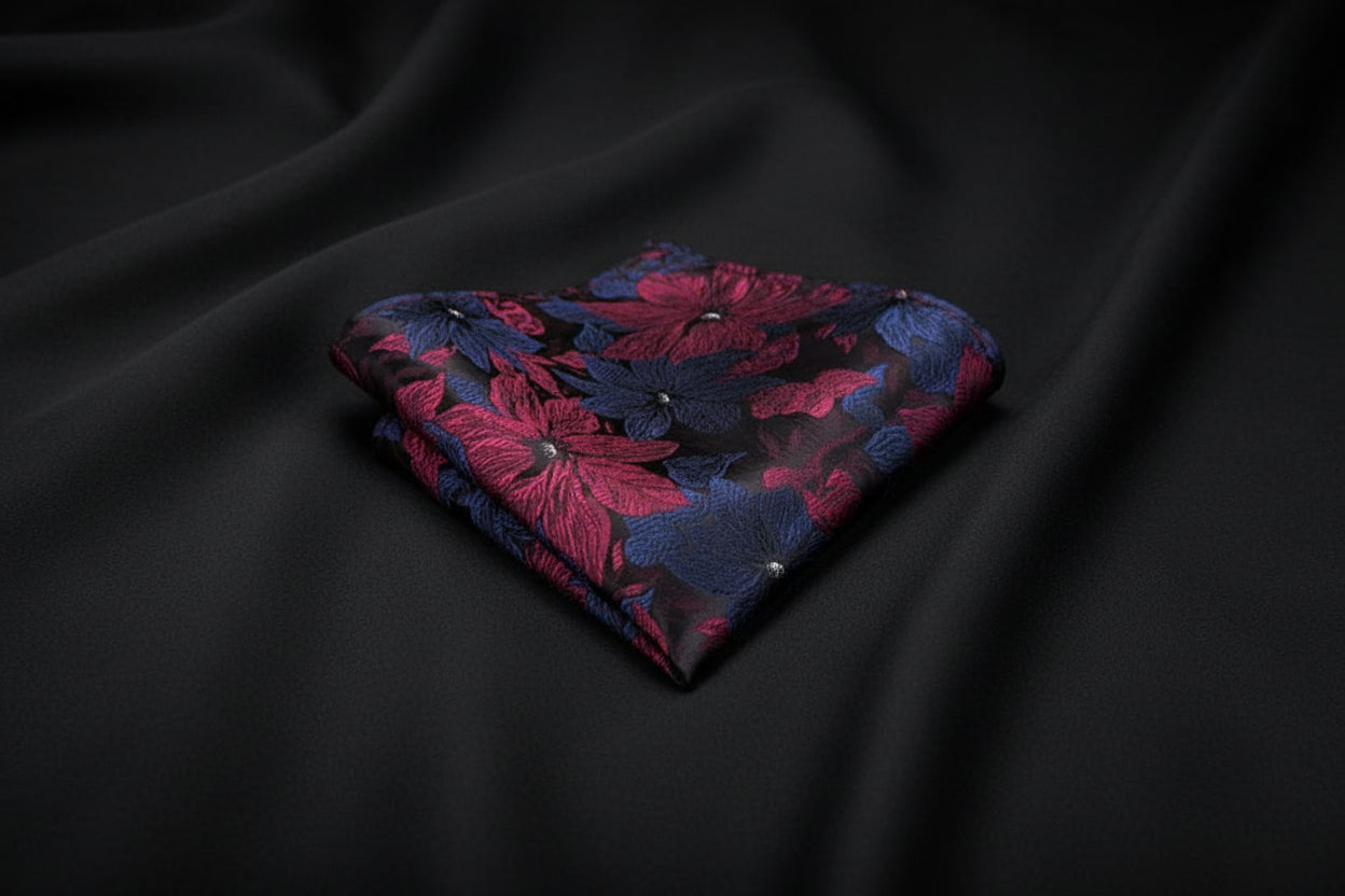 Navy and Red Floral Tie, Handkerchief and Cufflink Set image 2