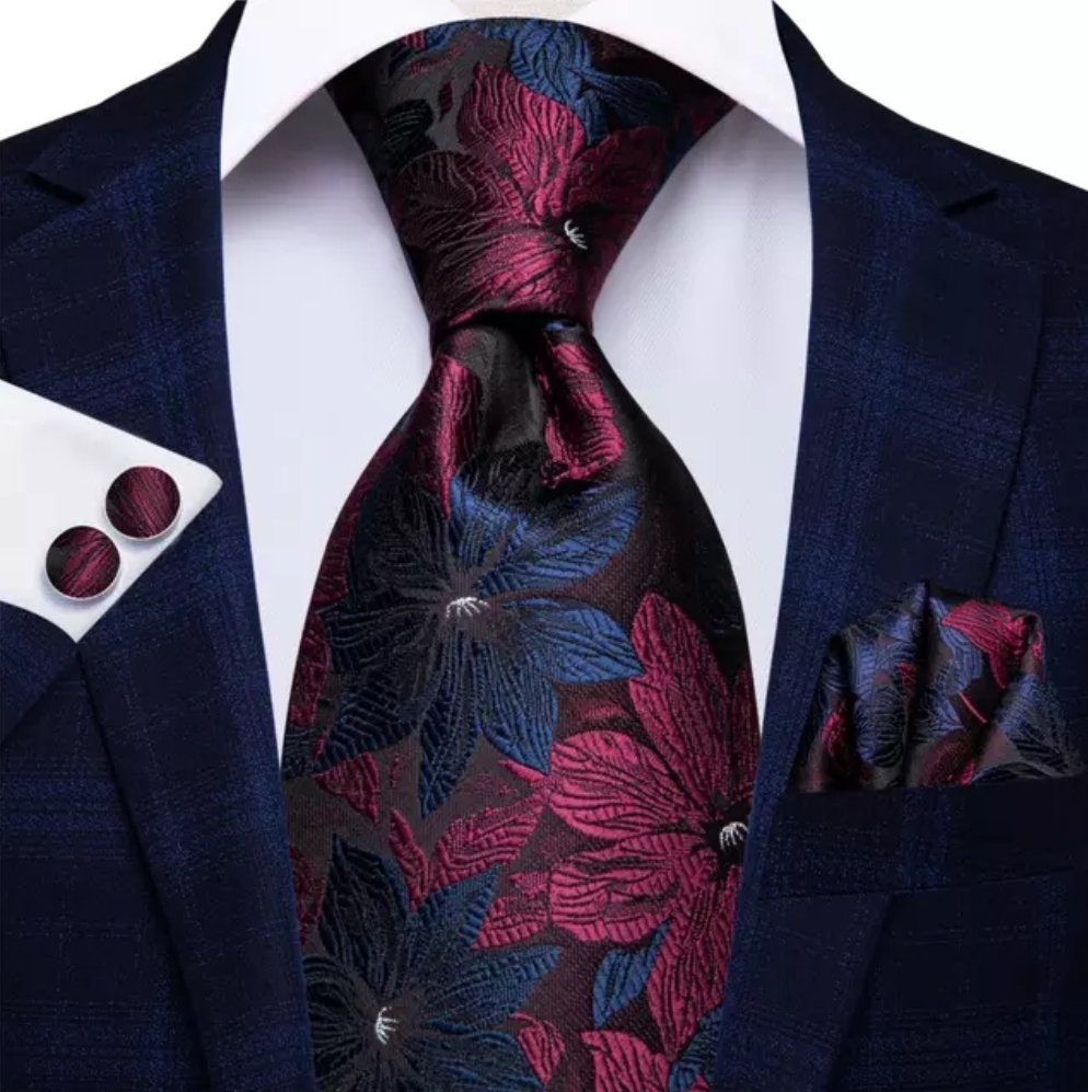 Navy and Red Floral Tie, Handkerchief and Cufflink Set