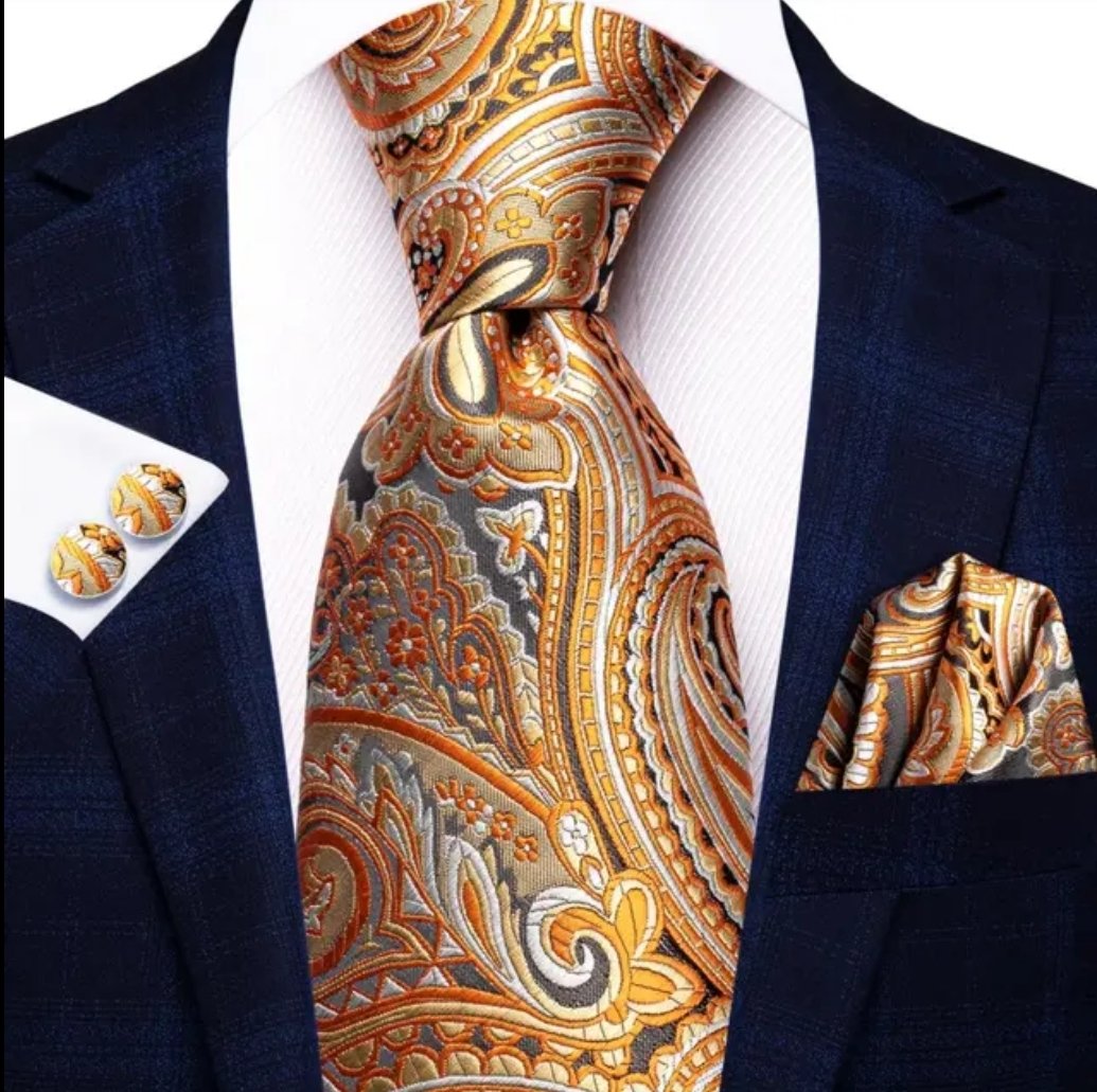 Orange and Gold Paisley Tie, Handkerchief and Cufflink Set